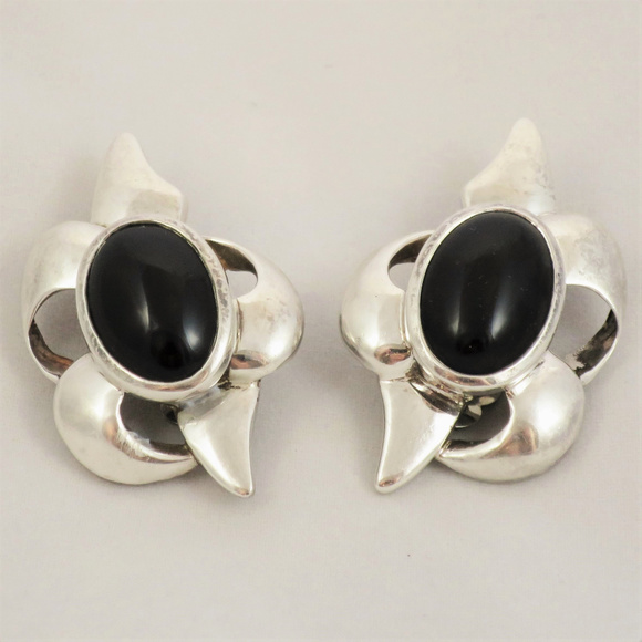 1980’s Krypell Origami Star Sterling and Onyx Earrings - Picture 1 of 7